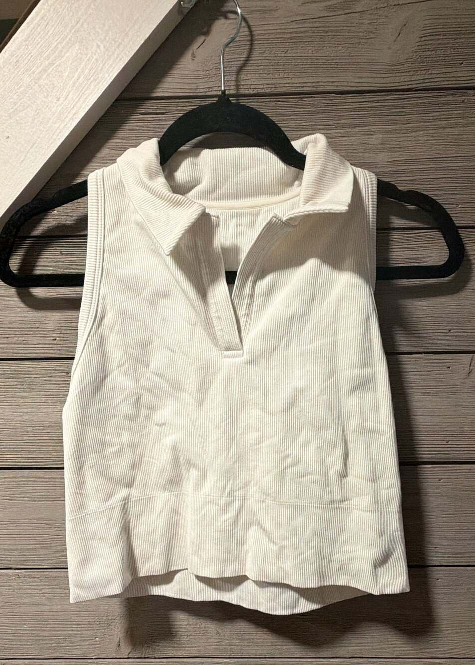 Athleta Ribbed Collared Tank Size L White Sleeveless Polo Crop Top